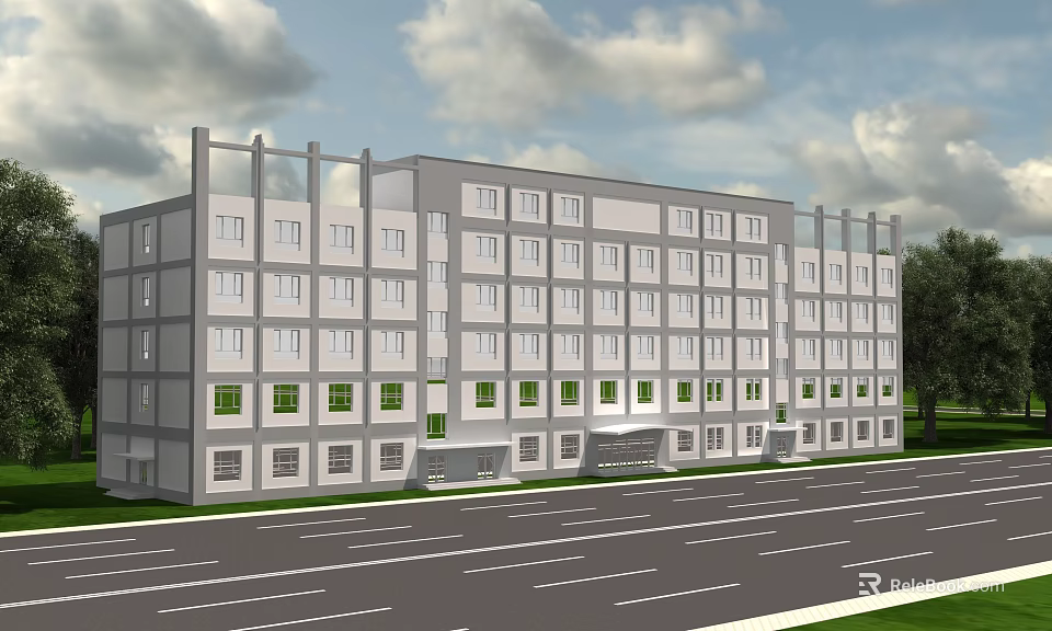 Modern Multi Story Office Building With Gray White Exterior Large Windows And Roadside Trees 3d model 