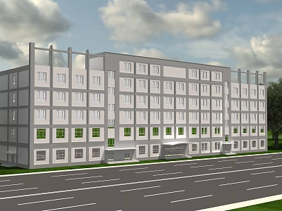 Modern Multi Story Office Building With Gray White Exterior Large Windows And Roadside Trees 3d model