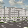 Modern Multi Story Office Building With Gray White Exterior Large Windows And Roadside Trees