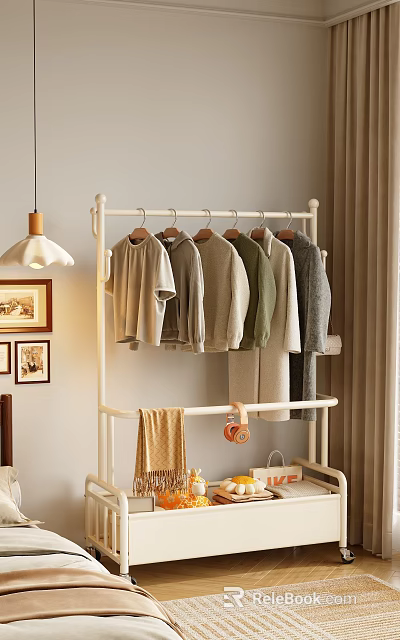 White Metal Clothes Rack with Hanging Casual T-shirts Sweaters in Cozy Home Interior Setup 3d model 