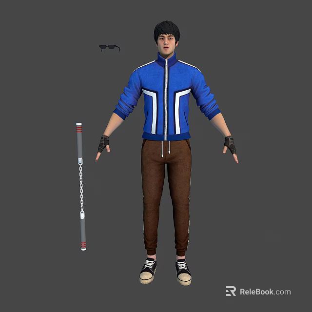 Stylish Character Wearing Blue Jacket With White Stripes And Brown Pants Holding Red White Striped Staff 3d model 