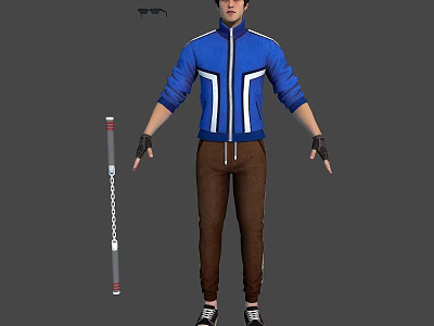Stylish Character Wearing Blue Jacket With White Stripes And Brown Pants Holding Red White Striped Staff 3d model