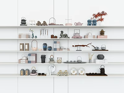 Decorative Ornament Set With Teapots Sculptures Vases And Plants On White Shelves 3d model