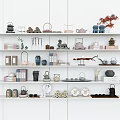 Decorative Ornament Set With Teapots Sculptures Vases And Plants On White Shelves
