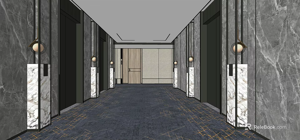 Modern Elevator Lobby Design With Dark Walls Marble Pillars And Geometric Carpet 3d model