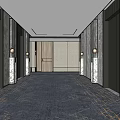 Modern Elevator Lobby Design With Dark Walls Marble Pillars And Geometric Carpet 3d model