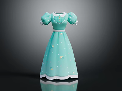 Elegant Teal Dress With Puffed Sleeves White Trim And Star Patterns 3d model