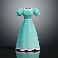 Elegant Teal Dress With Puffed Sleeves White Trim And Star Patterns