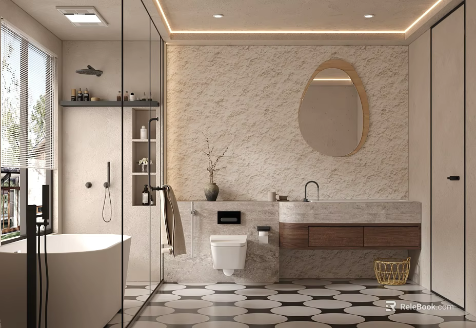 Modern Bathroom Interior With Oval Mirror Stone Wall And Black White Geometric Floor Tiles 3d model 