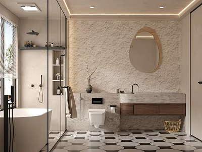 Modern Bathroom Interior With Oval Mirror Stone Wall And Black White Geometric Floor Tiles 3d model