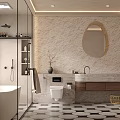 Modern Bathroom Interior With Oval Mirror Stone Wall And Black White Geometric Floor Tiles