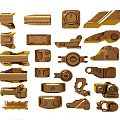 Golden Mechanical Components With Various Shapes Buttons And Holes Design Elements 3d model
