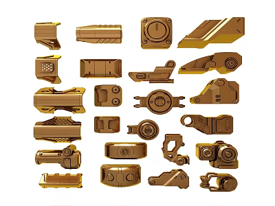 Golden Mechanical Components With Various Shapes Buttons And Holes Design Elements 3d model