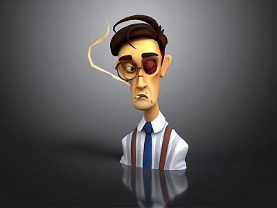 Cartoon Male Character With Glasses Red Eye Brown Hair White Shirt Blue Tie Brown Suspenders Gray Background Reflection 3d model