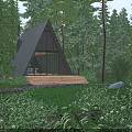 Detached House With Triangular Roof Large Windows Steps Gravel Path And Forest Lawn Setting