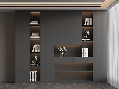Modern Grey Bookcase Interior Design With Open Closed Storage And Decorative Items 3d model