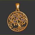 Yellow Gold Tree of Life Pendant with Purple Gemstones and Round Filigree Design