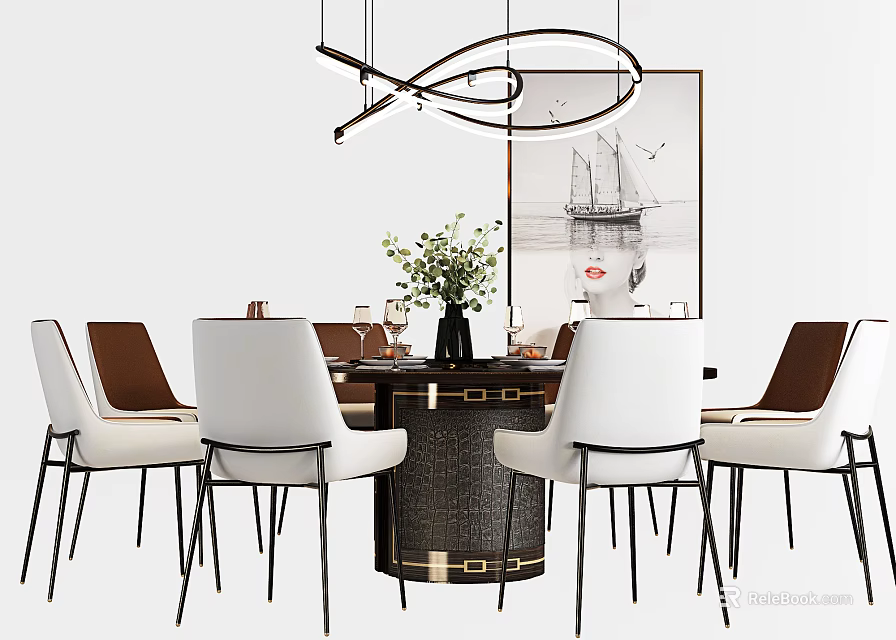 Elegant Round Dining Table Set With White Brown Chairs Hanging Light And Wall Art 3d model