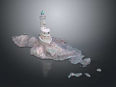 Tall Lighthouse Structure On Rocky Island With Scattered Rock Fragments 3d model