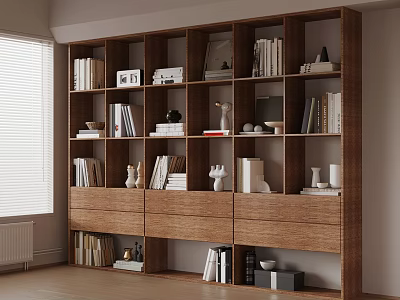 Modern Wooden Bookcase With Open Shelves Drawers Books And Decorative Items By Window 3d model