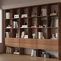 Modern Wooden Bookcase With Open Shelves Drawers Books And Decorative Items By Window