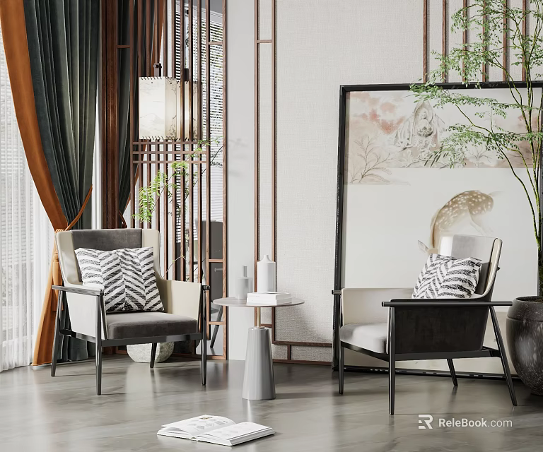 Elegant Table Chair Set In Modern Interior With Grey Seats And Decorative Elements 3d model