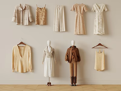 Clothes Collection Display With Beige Coats Slip Dresses Pants On Wall And White Brown Mannequins 3d model