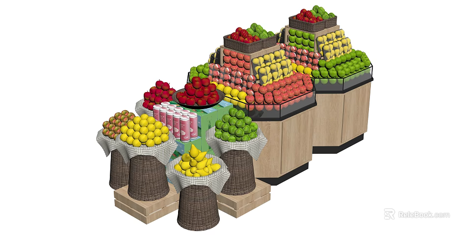 Wooden Display Shelves With Neatly Arranged Various Fresh Fruits In Retail Store 3d model 