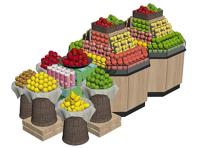 Wooden Display Shelves With Neatly Arranged Various Fresh Fruits In Retail Store 3d model