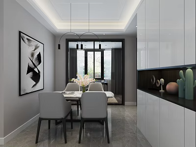 Modern Restaurant Interior With Open Layout White Cabinets Dining Table And Pendant Lights 3d model