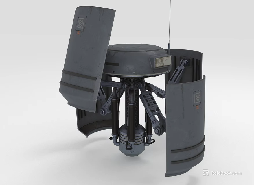 Mechanical Creature Character With Circular Main Body Open Side Panels And Top Antenna Structure 3d model 