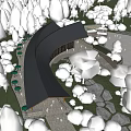 Scenic Visitor Center Surrounded by Forest Trees With Curved Roof and Illuminated Pathways