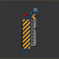 Blue And White Warning Device Featuring Red Button Display Screen Yellow Black Stripes And Signs
