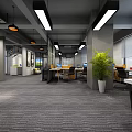 Modern Public Office Interior Design With Open Layout Desks Chairs Computers And Pendant Lights