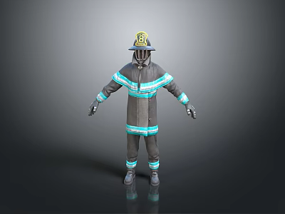 Man in Firefighter Uniform With Yellow Helmet Blue Stripes Gloves And Boots 3d model