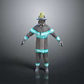 Man in Firefighter Uniform With Yellow Helmet Blue Stripes Gloves And Boots