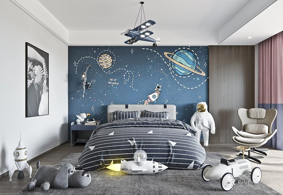 Kids Room with Space Theme Wall Mural Planets Astronaut Toys and Striped Bed 3d model 