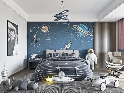 Kids Room with Space Theme Wall Mural Planets Astronaut Toys and Striped Bed 3d model