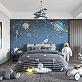 Kids Room with Space Theme Wall Mural Planets Astronaut Toys and Striped Bed
