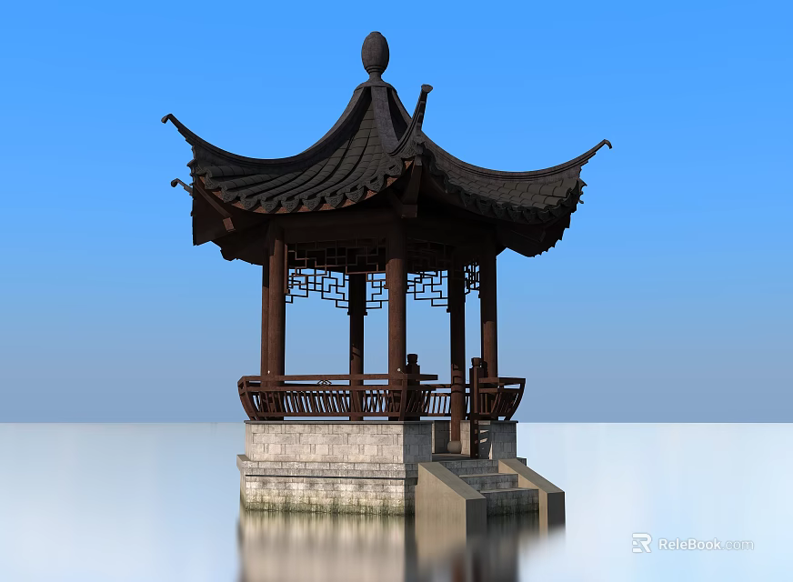 Traditional Ancient Chinese Pavilion Featuring Curved Roof Intricate Carvings And Water Reflection 3d model 