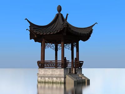Traditional Ancient Chinese Pavilion Featuring Curved Roof Intricate Carvings And Water Reflection 3d model