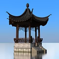 Traditional Ancient Chinese Pavilion Featuring Curved Roof Intricate Carvings And Water Reflection