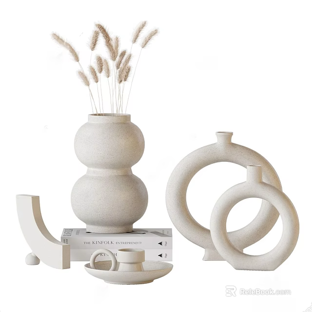 Modern Minimalist Decorative Ornament Set With Gourd Vase Circular Rings Curved Decor And Dried Wheat 3d model 