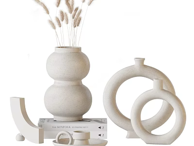 Modern Minimalist Decorative Ornament Set With Gourd Vase Circular Rings Curved Decor And Dried Wheat 3d model