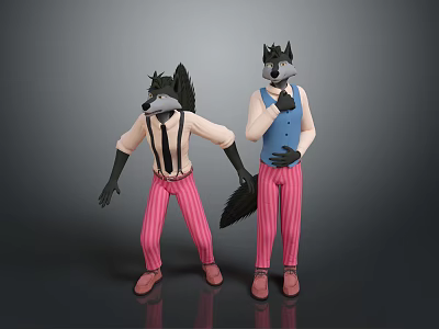 Two Wolf Characters Wearing Pink Striped Pants White Shirts Blue Vests Black Gloves With Tails 3d model