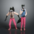 Two Wolf Characters Wearing Pink Striped Pants White Shirts Blue Vests Black Gloves With Tails