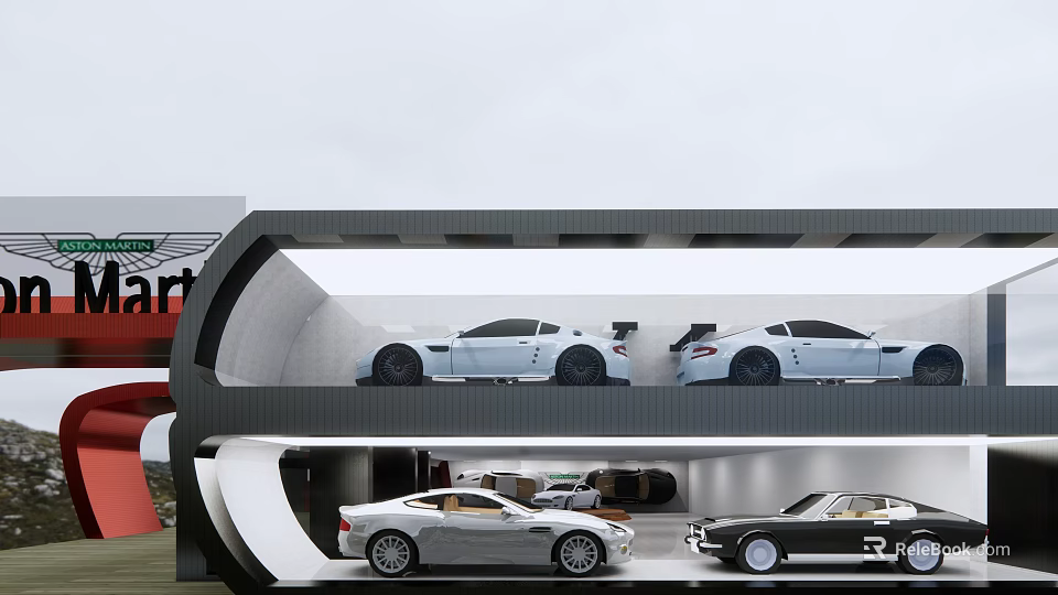 Luxury Sports Cars In Modern Multi Level Showroom With White Black Silver Models 3d model 