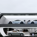 Luxury Sports Cars In Modern Multi Level Showroom With White Black Silver Models