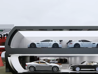 Luxury Sports Cars In Modern Multi Level Showroom With White Black Silver Models 3d model