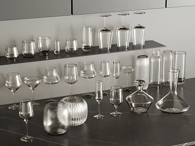 Wine Glasses And Decanters Showcased In Modern Shelf And Counter 3d model